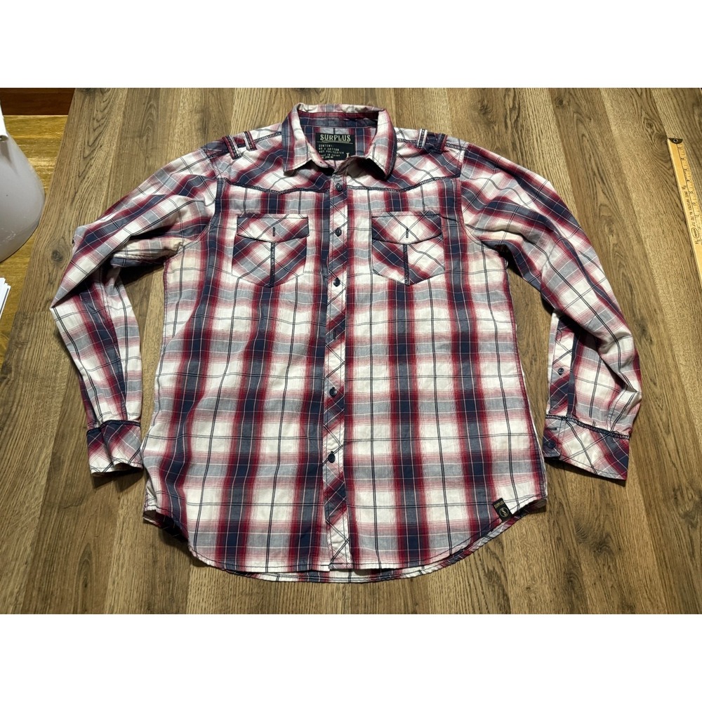 Surplus Shirt Men's Size Large Red White Blue Plaid Long Sleeve Button Up Shirt